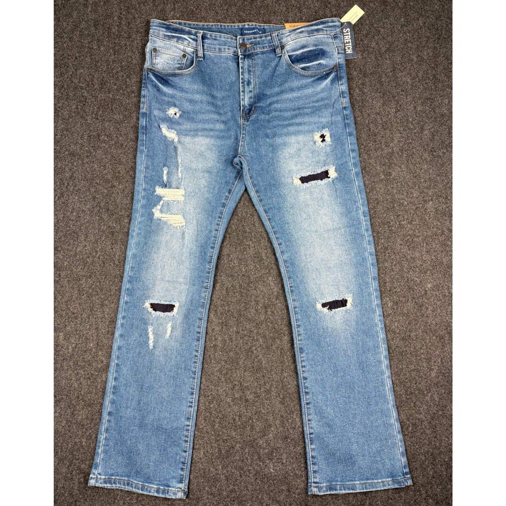 Aeropostale Mens Slim Straight Distressed Stretch Jeans 36x30 Blue Medium Wash
